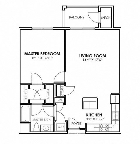 Floor plan for 1 bed, 1 bath, 855 sqft